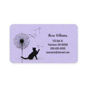 Black cat with dandelion on purple