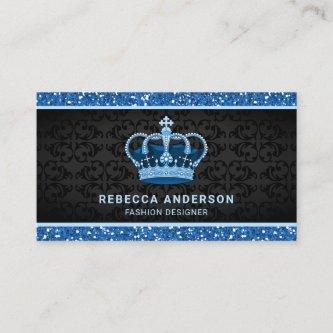 Black Damask Faux Blue Glitter Royal Crown