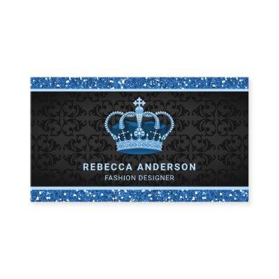 Black Damask Faux Blue Glitter Royal Crown