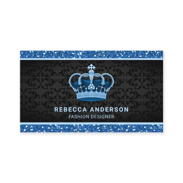 Black Damask Faux Blue Glitter Royal Crown