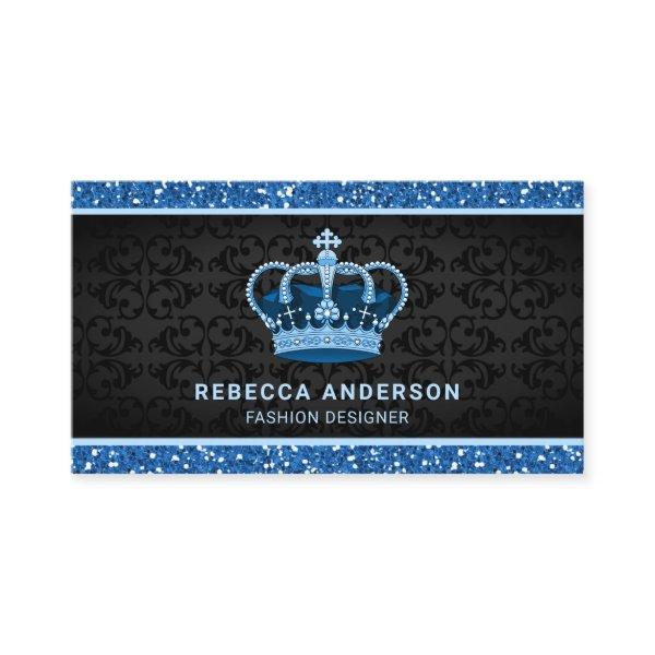 Black Damask Faux Blue Glitter Royal Crown