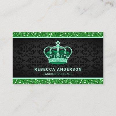 Black Damask Faux Green Glitter Royal Crown
