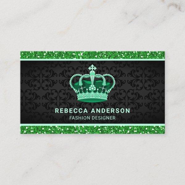 Black Damask Faux Green Glitter Royal Crown