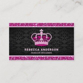 Black Damask Faux Hot Pink Glitter Royal Crown