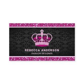 Black Damask Faux Hot Pink Glitter Royal Crown