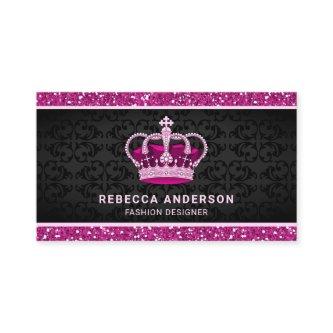 Black Damask Faux Hot Pink Glitter Royal Crown