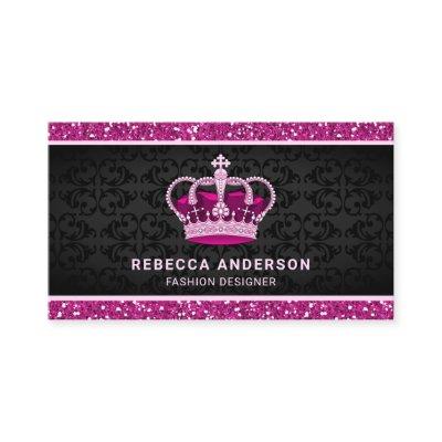 Black Damask Faux Hot Pink Glitter Royal Crown