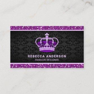 Black Damask Faux Purple Glitter Royal Crown