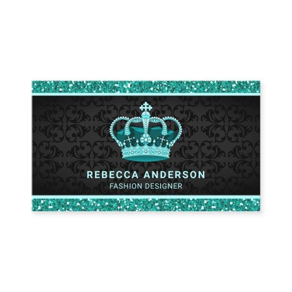 Black Damask Faux Teal Mint Glitter Royal Crown