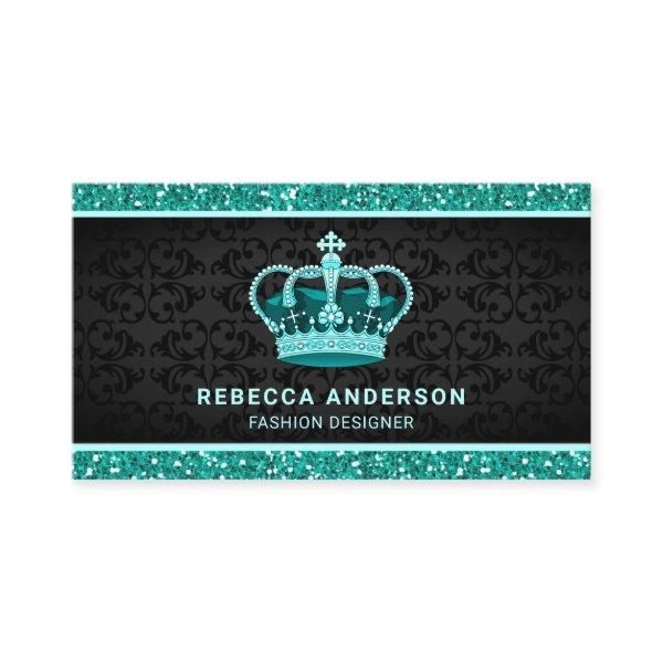 Black Damask Faux Teal Mint Glitter Royal Crown