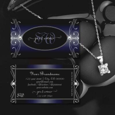 Black Dark Blue Ornate Sparkling Diamonds Monogram