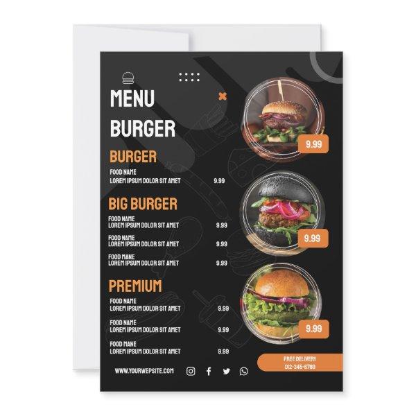 Black Elegant Burger Restaurant Menu Invitation