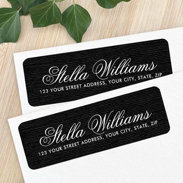 Black faux linen romantic script return address label