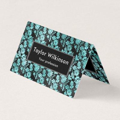 Black Floral Damask on Turquoise Blue