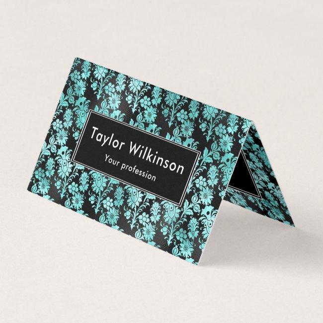Black Floral Damask on Turquoise Blue