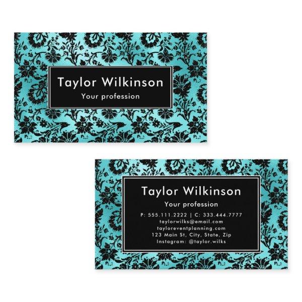 Black Floral Damask on Turquoise Blue