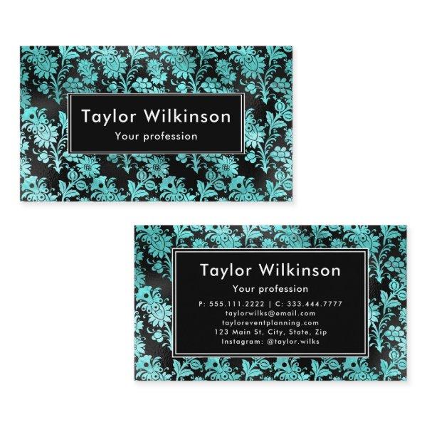 Black Floral Damask on Turquoise Blue