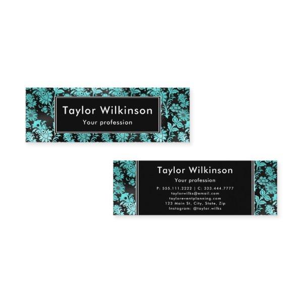 Black Floral Damask on Turquoise Blue Mini