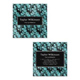 Black Floral Damask on Turquoise Blue Square