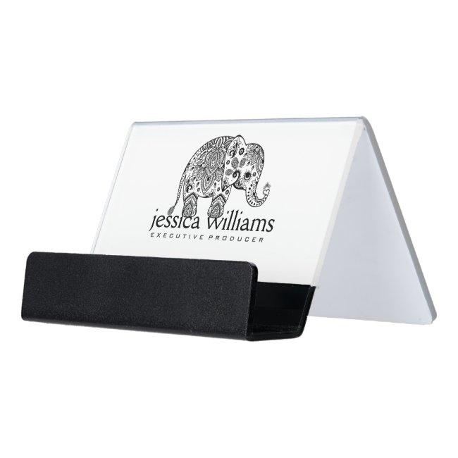Black Floral Paisley Elephant Illustration Desk Holder