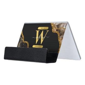 Black & Gold Agate Geode Glitter Monogram Desk  Holder