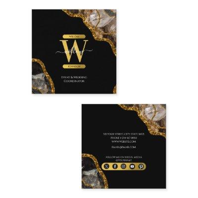 Black & Gold Agate Geode Glitter Monogram Marble Square