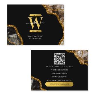 Black Gold Agate Geode Glitter Monogram QR Code
