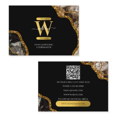 Black Gold Agate Geode Glitter Monogram QR Code
