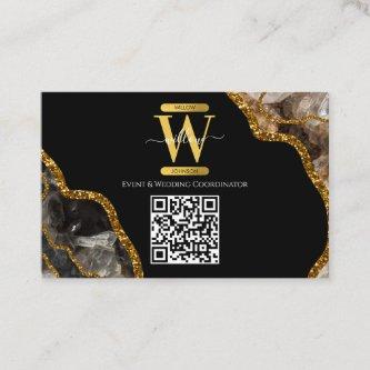 Black & Gold Agate Geode Glitter Monogram QR Code