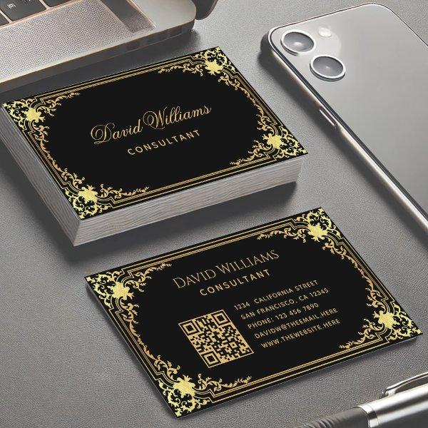 Black Gold Elegant Vintage Calligraphy QR Code