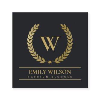 BLACK GOLD FLORAL LAUREL WREATH INITIAL MONOGRAM SQUARE