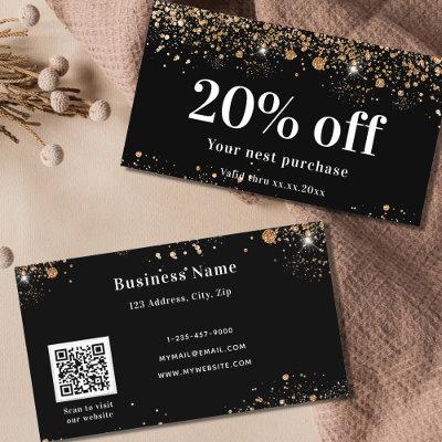 Black gold glitter dust qr code business discount card