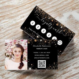 Black gold glitter dust qr code photo business loyalty card