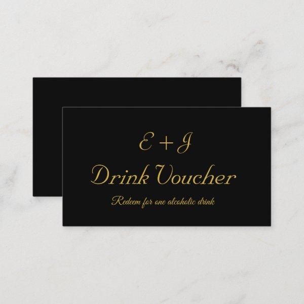 Black Gold Monogram Wedding Drink Voucher Card