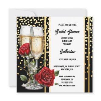 Black gold rose sparkling wine bubbly bridal holiday card