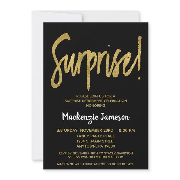 Black Gold Script Surprise Retirement Invitation