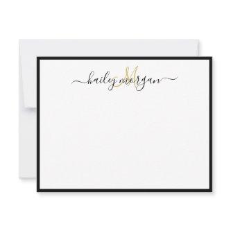 Black gold simple minimalist monogram script name note card