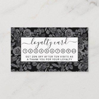 Black Gray Monochrome Watercolor Floral Leaves Loyalty Card