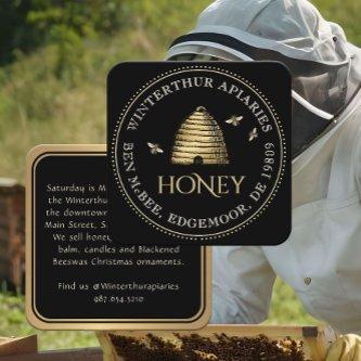 Black Honey Jar Label (Vintage Skep) Dotted Border Square