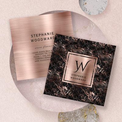 Black Marble Rose Gold Brushed Foil Monogram Square