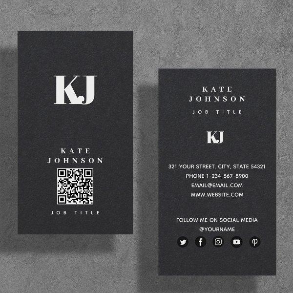 Black Modern Solid Monogram Initials QR Code