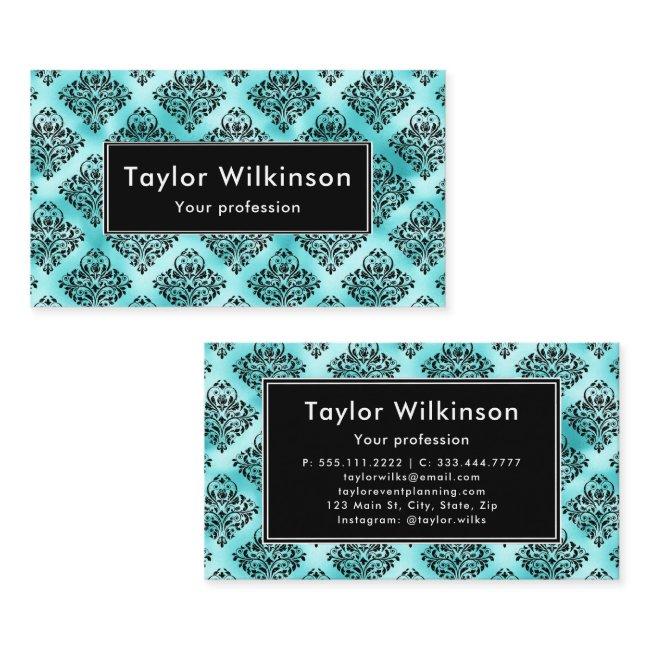 Black Ornate Damask on Turquoise Blue