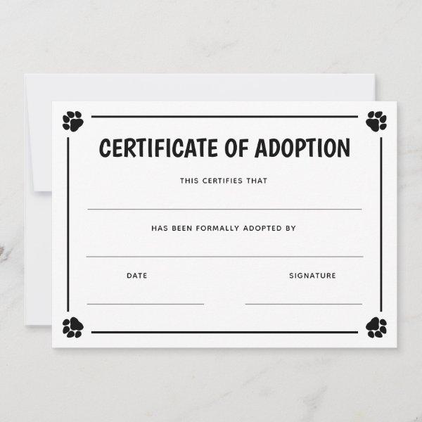 Black Paw Print Frame Pet Certificate of Adoption