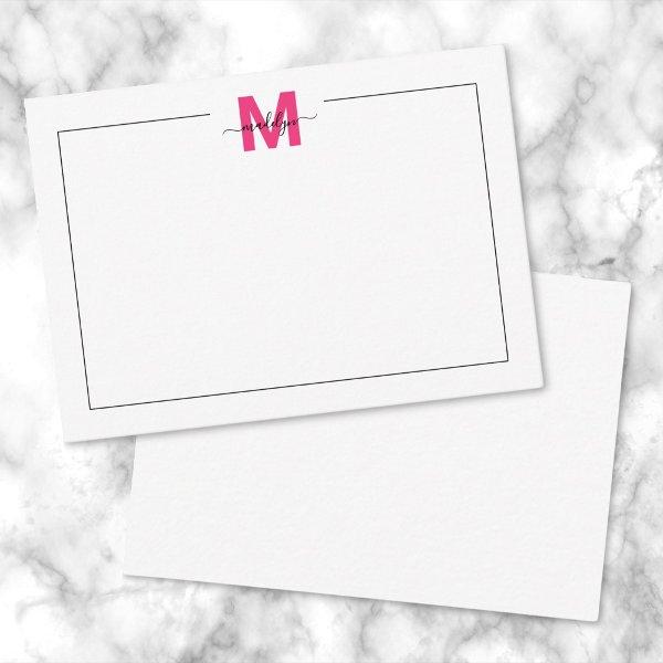 Black Pink Script Name Monogram Note Card