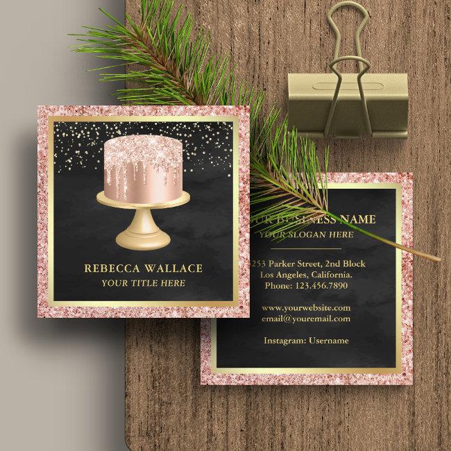 Black Rose Gold Glitter Drips Pink Cake Bakery Square