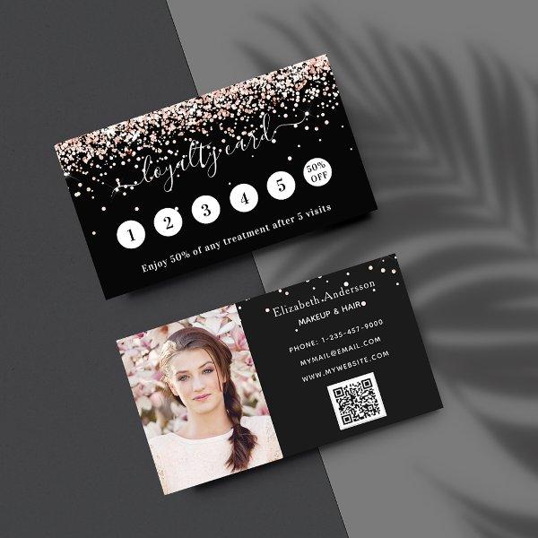 Black rose gold glitter qr code photo loyalty card