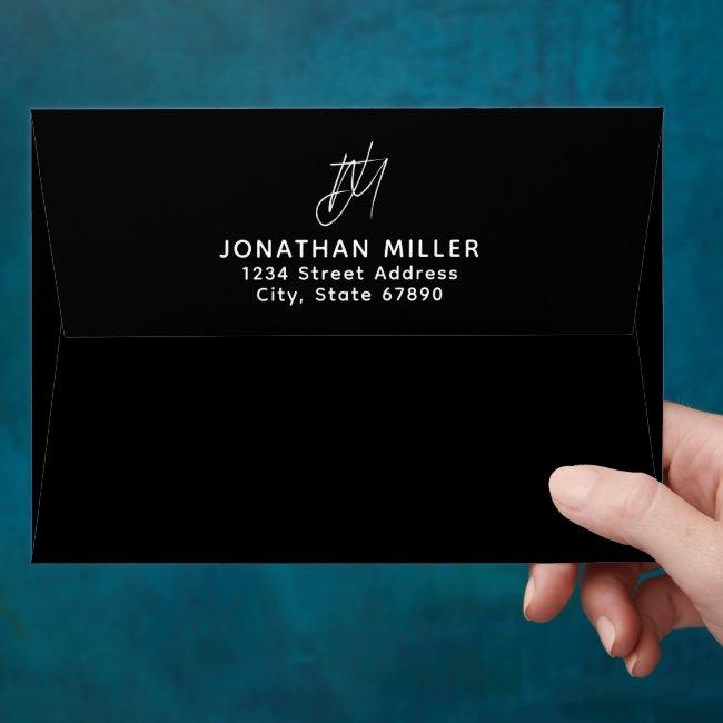Black Script Monogram Back Flap Return Address Envelope
