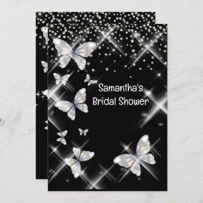 Black silver butterfly sparkle glitter bridal chic invitation