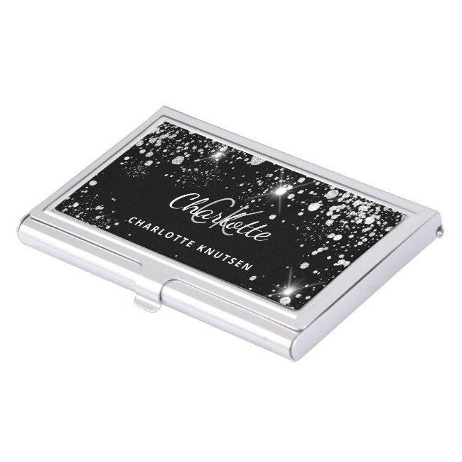 Black silver glitter monogram initails name  case