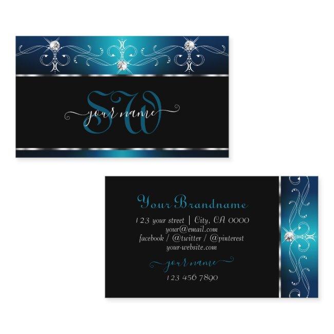 Black Teal Blue Squiggles Sparkle Jewels Monogram